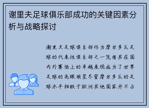 谢里夫足球俱乐部成功的关键因素分析与战略探讨
